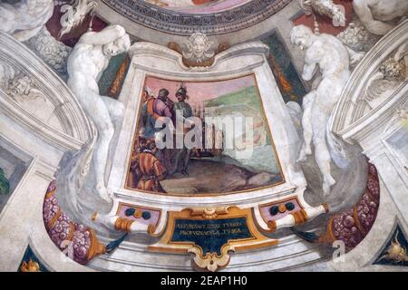 Episoden aus dem Leben von Cosimo I. de' Medici Fresko von Bernardino Poccetti Ospedale degli Innocenti - Außen Arcade, Florenz, Italien Stockfoto