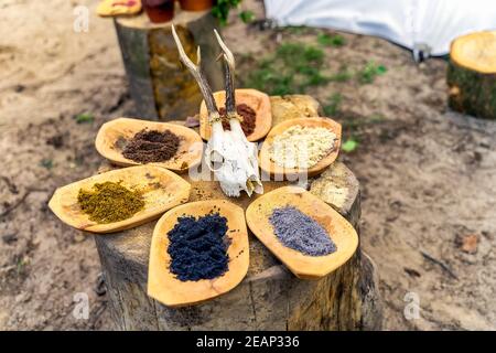 Vielfalt an gemahlenen Gewürzen auf Holztellern, hausgemacht Stockfoto