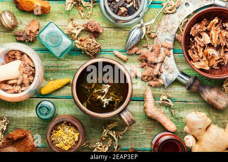 Tee und eine Reihe von Heilkräutern Stockfoto