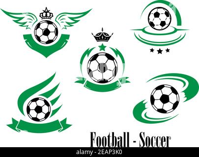 Set von Fußball oder Fußball-Embleme mit rauschenden Kugeln Kronen Band Banner Flügel Sterne isoliert auf weiß für sportliches Design Stock Vektor