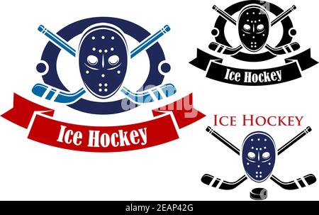 Eishockey-Symbole Set mit Puck, Torwartmaske, Band Banner und Sticks isoliert auf weißem Hintergrund für sportliche Gestaltung Stock Vektor