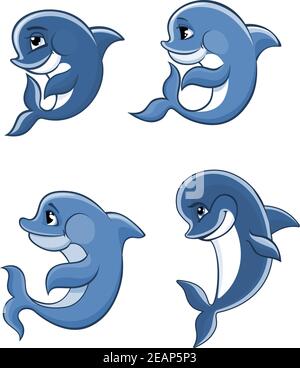 Niedliche Cartoon blaue Delphine Set für Märchen, Comics und Wildlife-Design Stock Vektor