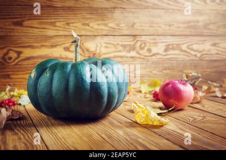 Green pumpkin auf alten hölzernen Hintergrund im Herbst Stockfoto