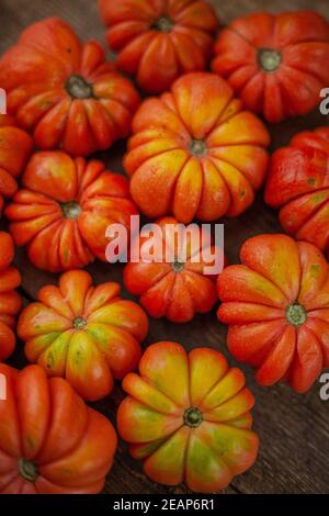 Rote gerippte Tomaten auf einem Holzhintergrund. Amerikanische oder Florentiner Sorte Nina . Tomate Blick von oben. Essen auf dem Tisch. Ort für Ihren Text. Herbstharv Stockfoto