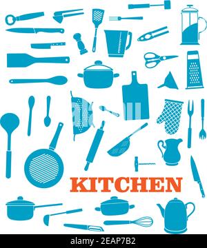 Küchengeräte Objekte und Symbole isoliert auf weißem Hintergrund gesetzt. Für Kochen, Haushalt und Restaurant Logo-Design Stock Vektor