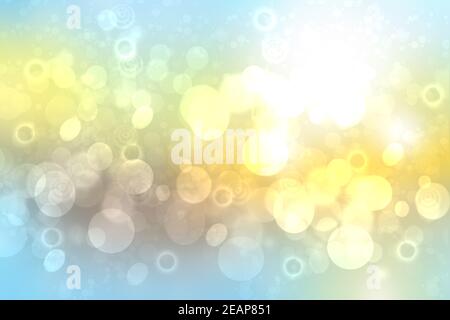 Abstrakter Verlauf von hellblau gelb Pastell Hintergrund Textur mit leuchtenden kreisförmigen Bokeh Lichter. Schöne bunte Frühling oder Sommer Kulisse. Stockfoto