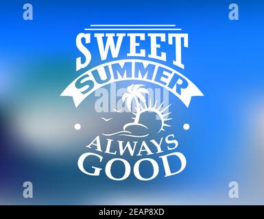 Süße Sommer Freizeit und Reise Poster Design mit Sonne, Palmen, Vögel und Band auf blauem Hintergrund Stock Vektor