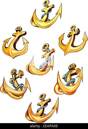 Wirbelnde goldene Schiffe Anker mit Seilen und Ketten und spitzen scharfen Widerhaken, Vektor-Illustration isoliert auf weiß Stock Vektor