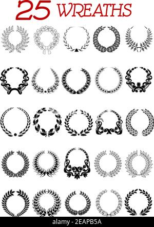 Runde Lorbeerkranz Symbole auf weiß isoliert gesetzt. Geeignet für Design, wie Auszeichnung, Heraldik, Jubiläum und Jubiläen Stock Vektor