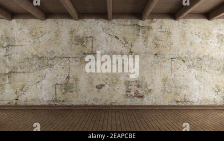 Leeres Zimmer mit alter Wand und Holzboden Stockfoto
