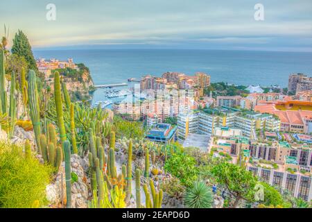 Luftaufnahme der Altstadt von Monaco und Hafen De fontvieille Stockfoto
