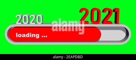 Jahresänderung 2021 - Jahresziffern über Fortschrittsbalken Laden des neuen Jahres - grafische Elemente in rot Und grau - isoliert auf Grannscheibe Stockfoto