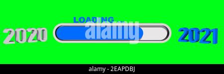 Jahresänderung 2021 - Fortschrittsbalken zwischen den Jahresziffern Laden des neuen Jahres - grafische Elemente in blau Und grau - isoliert auf grünem Bildschirm Stockfoto