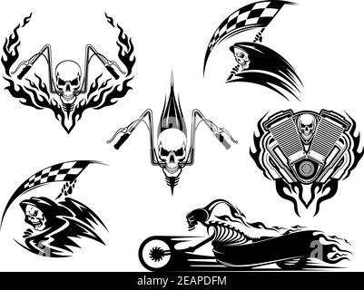 Set von Rennsport-Totenköpfen in schwarz-weißen Designs mit einem grimmigen Reaper mit einer karierten Flagge, Rennschädel am Lenker und Skelett auf einem speedi Stock Vektor