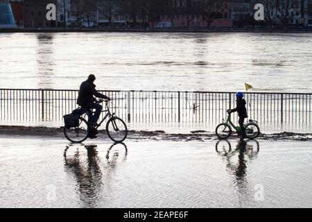Rheinflut am 4th. Februar 2021 fahren Kinder und Erwachsene auf dem überfluteten Rheinufer in Deutz, Köln, Deutsch, Fahrrad durch das Wasser Stockfoto
