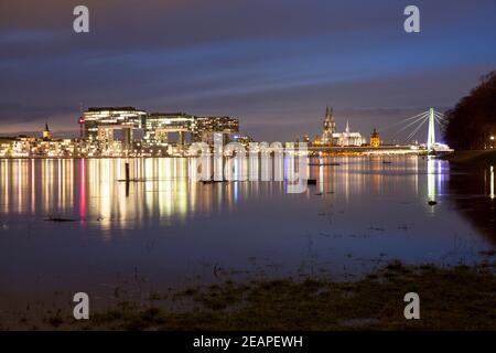 Hochwasser des Rheins am 4th. Februar. 2021, Blick über die überflutete Wiese im Ortsteil Deutz zum Rheinauer Hafen mit den Kranichhäusern und zu Stockfoto
