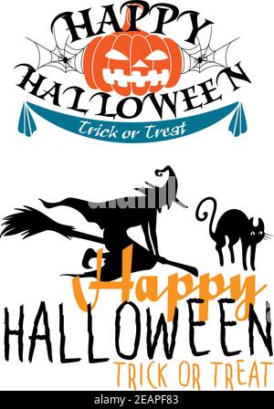 Happy Halloween Trick or Treat Themen mit Text verziert mit Ein Jack-o-Laterne Kürbis und Spinnen und die andere mit einem Silhouette einer fliegenden Hexe Stock Vektor