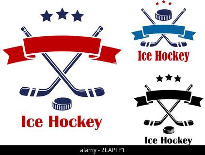 Rot und blau gefärbte Eishockey Banner oder Embleme mit Puck, Sticks und Band für Sport-Design Stock Vektor