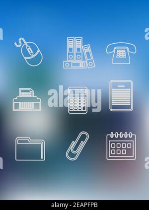 Symbole für Büro- und Geschäftsübersicht mit Computermaus, Ordner, Telefon, Drucker, Rechner, Zwischenablage, Tablet, Datei, Ordnern und Kalender Stock Vektor