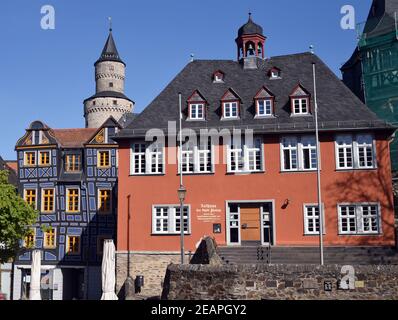 Rathaus, Hexenturm, Bergfried, das schiefe Haus, Altstadt, Idstein Stockfoto