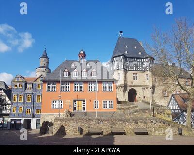 Rathaus, Hexenturm, Bergfried, das schiefe Haus, Altstadt, Idstein Stockfoto