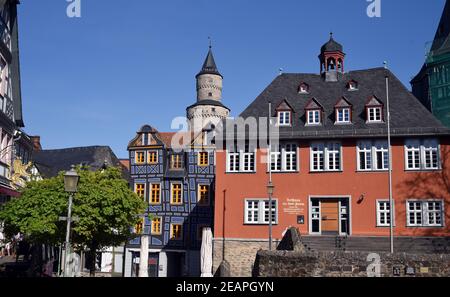 Rathaus, Hexenturm, Bergfried, das schiefe Haus, Altstadt, Idstein Stockfoto