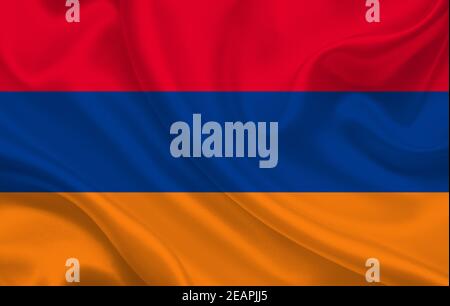 Flagge Armeniens Land auf gewelltem Seidenstoff Hintergrund Panorama Stockfoto