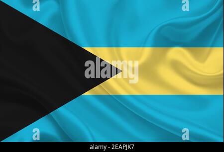 Bahamas Land Flagge auf gewelltem Seidenstoff Hintergrund Panorama Stockfoto