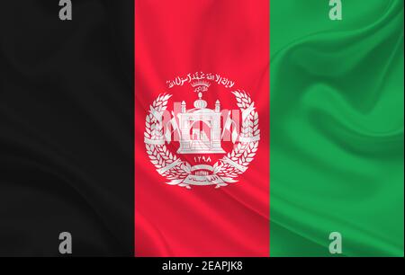 Afghanistan-Land-Flagge auf gewelltem Seidenstoff Hintergrund Panorama Stockfoto