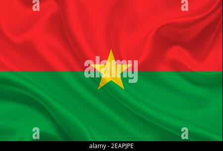 Flagge von Burkina Faso Land auf gewelltem Seidenstoff Hintergrund Panorama Stockfoto