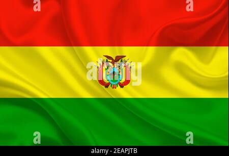 Bolivien Land Flagge auf gewellte Seide Stoff Hintergrund Panorama Stockfoto