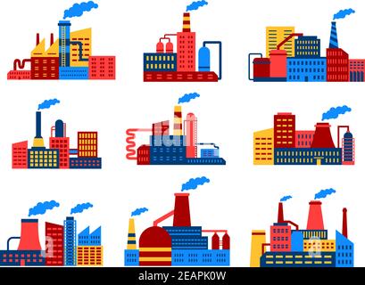 Industriegebäude flache Icons in Infografiken Stil für Industrie und Ökologie-Konzept Stock Vektor