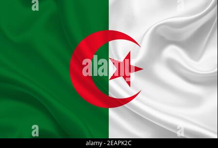 Algerien Land Flagge auf gewelltem Seidenstoff Hintergrund Stockfoto