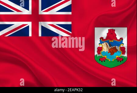 Bermuda Land Flagge auf gewelltem Seidenstoff Hintergrund Panorama Stockfoto