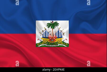 Haiti Land Flagge auf gewellte Seide Stoff Hintergrund Panorama Stockfoto