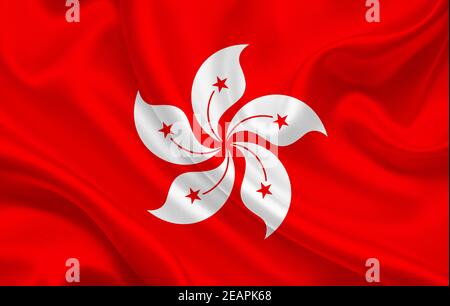 Hong Kong Land Flagge auf gewelltem Seidenstoff Hintergrund Panorama Stockfoto