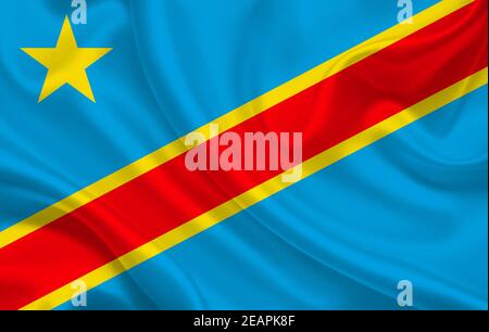 Flagge des Landes Demokratische Republik Kongo auf Ein Hintergrund von gewelltem Seidenstoff Panorama Stockfoto
