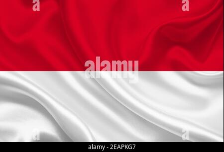 Flagge Indonesiens Land auf gewelltem Seidenstoff Hintergrund Panorama Stockfoto