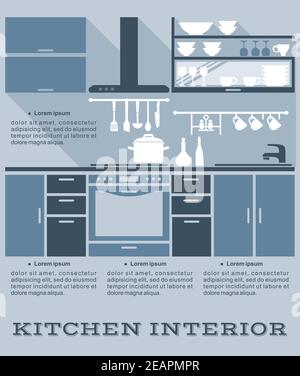 Küche Innenraum Vektor-Flat-Design in Infografik-Stil mit Schattierungen Von blau zeigt eine Einbauküche mit Einbaugeräten Und Schränke und Kitc Stock Vektor