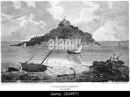 Ein Stich von St. Michael's Mount, Cornwall gescannt in hoher Auflösung aus einem Buch gedruckt im Jahr 1812. Für urheberrechtlich frei gehalten. Stockfoto