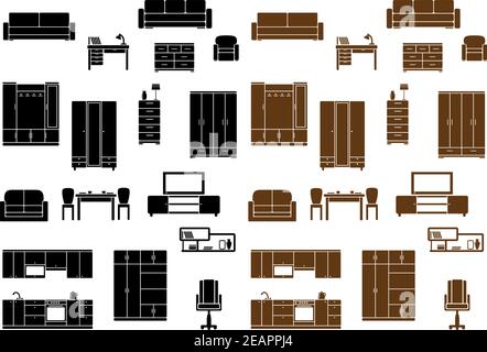 Möbel Wohnung Symbole isoliert auf Hintergrund für Haus, Büro und Küche Innenräume gesetzt Stock Vektor