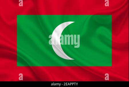 Maldives Land Flagge auf gewelltem Seidenstoff Hintergrund Panorama Stockfoto