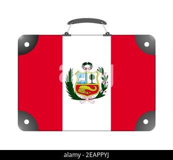 Peru-Landesflagge in Form eines Reisekoffers Auf weißem Hintergrund Stockfoto