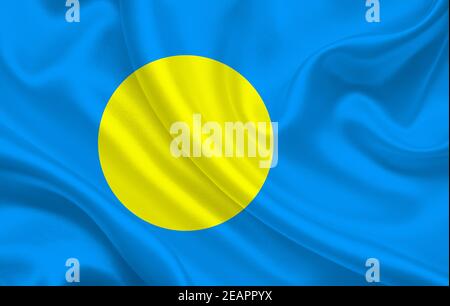 Palau Land Flagge auf gewelltem Seidenstoff Hintergrund Panorama Stockfoto