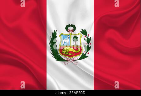 Peru Land Flagge auf gewelltem Seidenstoff Hintergrund Panorama Stockfoto