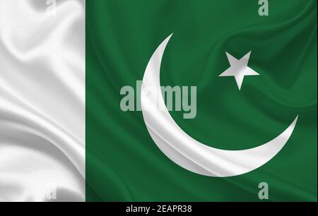 Pakistan Land Flagge auf gewellte Seide Stoff Hintergrund Panorama Stockfoto