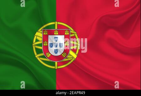 Portugal Land Flagge auf gewelltem Seidenstoff Hintergrund Panorama Stockfoto