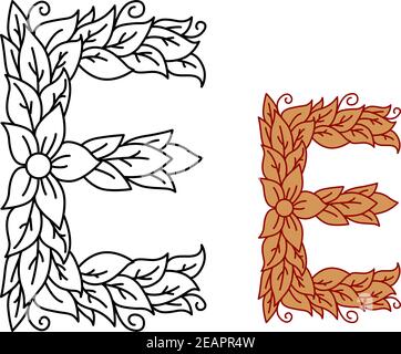 Großbuchstabe E im floralen und blättrigen Design mit Blumen und umschlitterten Blättern für Bio-, Bio- oder Öko-Konzepte, schwarz und weiß und in braun, vec Stock Vektor
