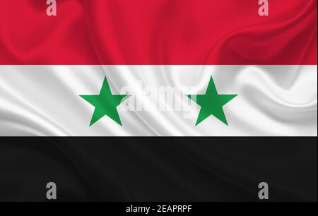 Syrien Land Flagge auf gewelltem Seidenstoff Hintergrund Panorama Stockfoto