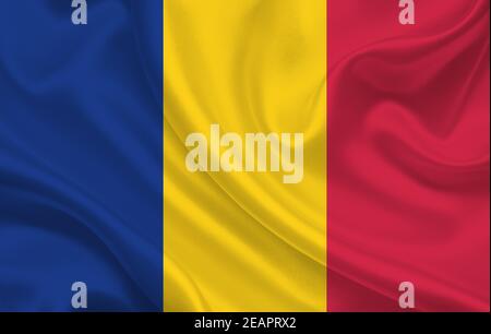 Rumänien Land Flagge auf gewellte Seide Stoff Hintergrund Panorama Stockfoto